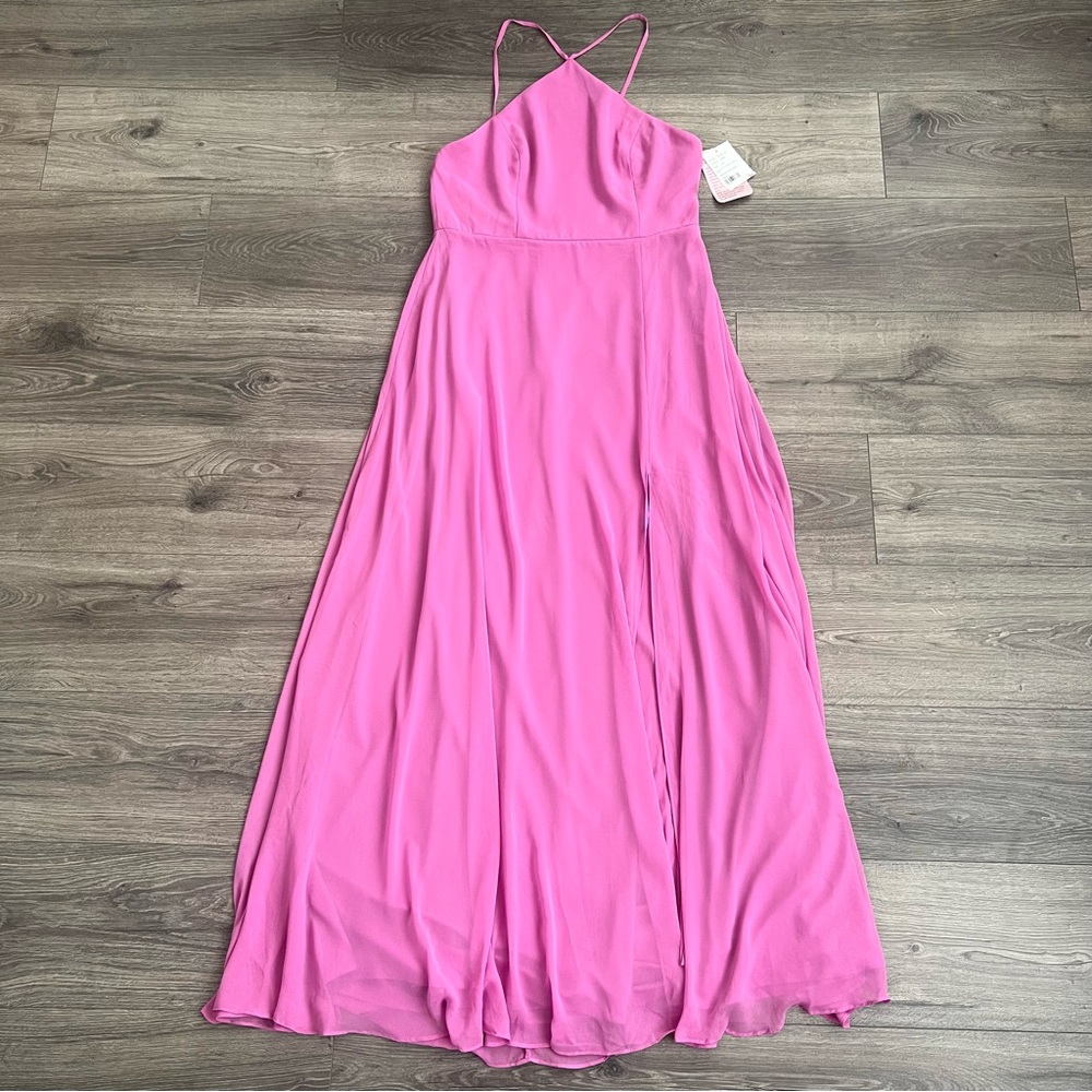 LOVELY Diamond Halter Maxi Dress Size 12 Orchid Pink Lux Chiffon Side Slit NWT - Picture 3 of 10